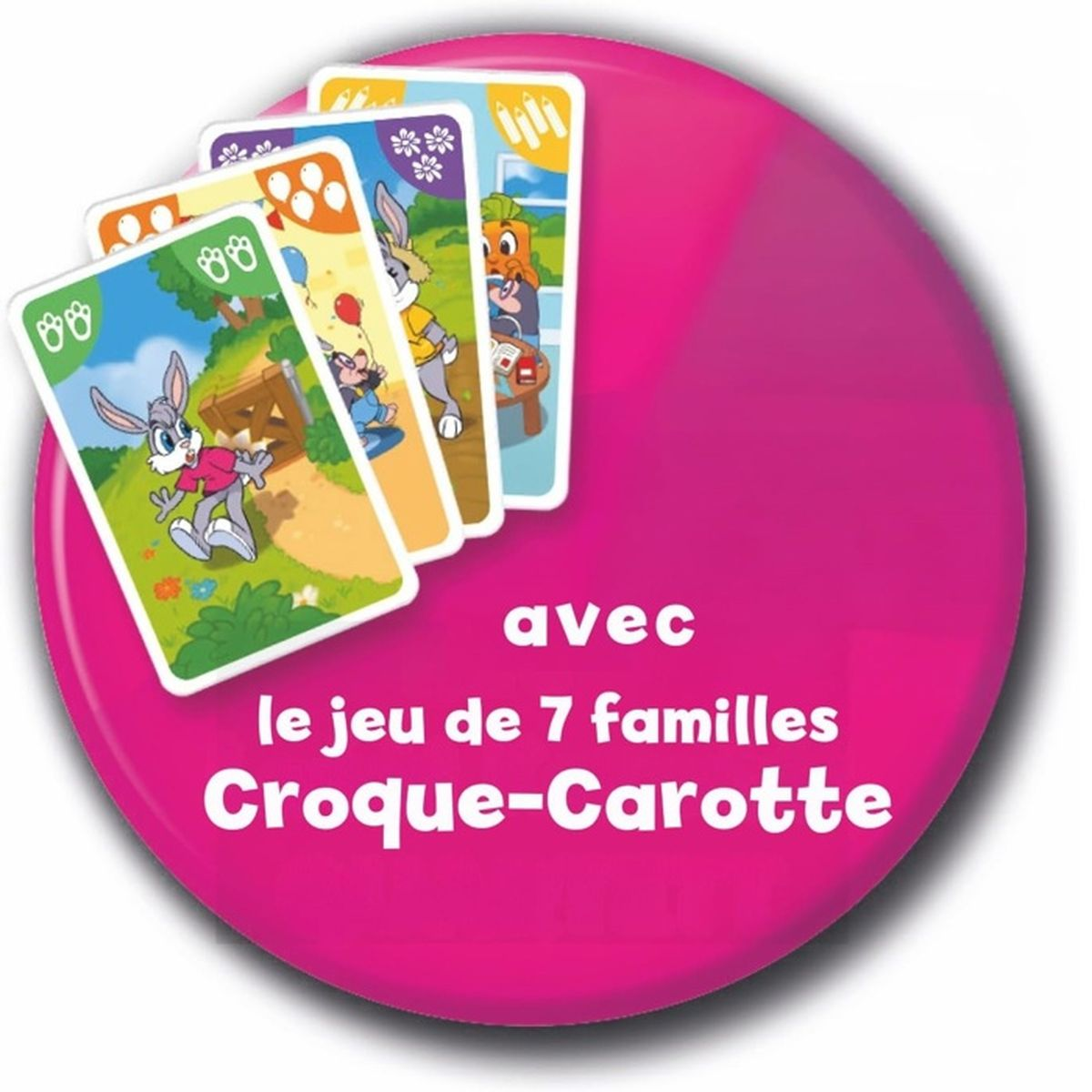 Karten mit Bugs Bunny-Figuren. Text lautet: avec le jeu de 7 familles Croque-Carotte, auf einem rosa Kreis.