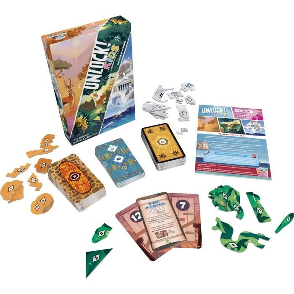 Ein Brettspiel mit Karten, Puzzleteilen und einer Schachtel mit Kunst mit einem Hirsch und einem Gebäude. Spielsteine sind verstreut.