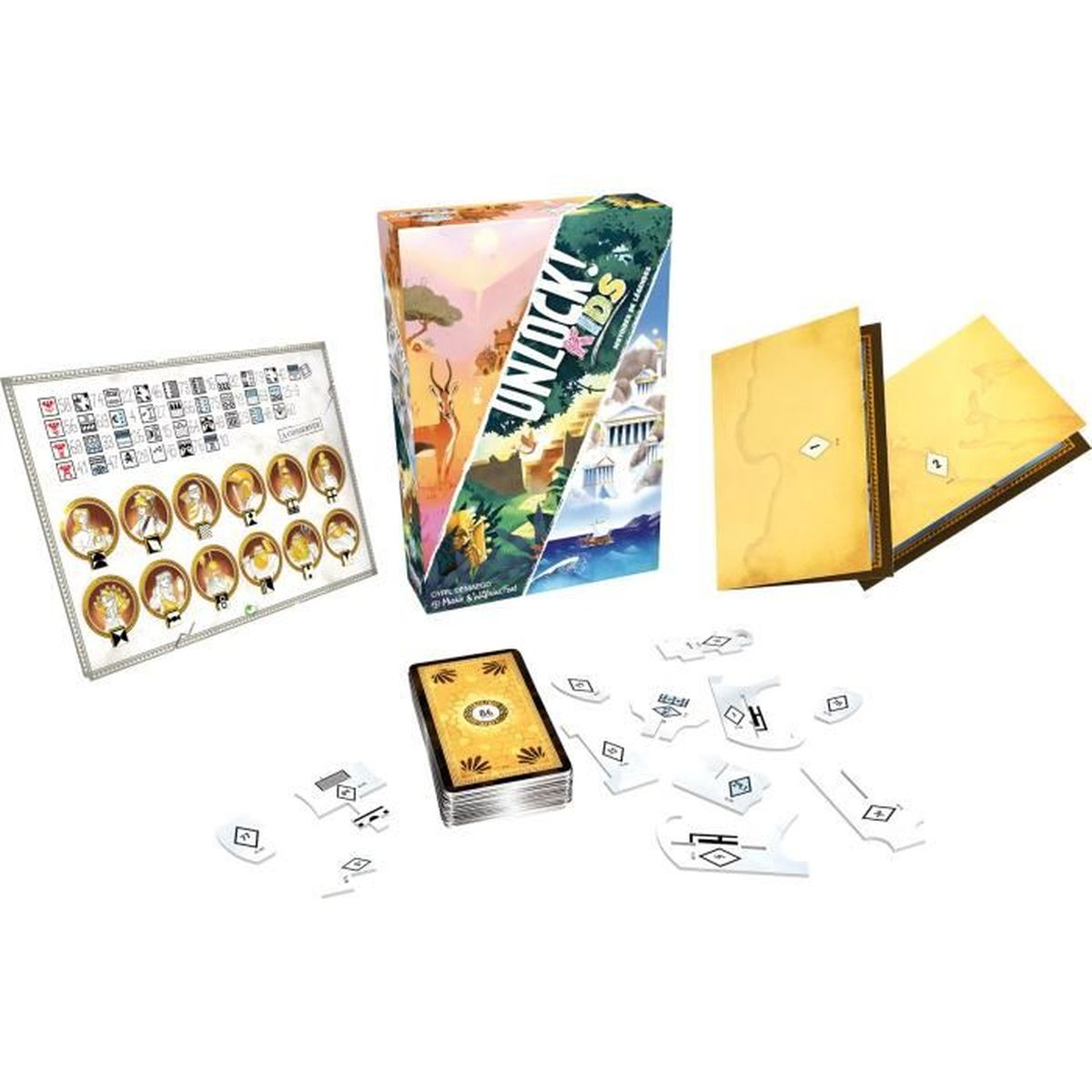 Brettspielkomponenten: Schachtel, Karten, Spielbrett und Spielsteine. Die Schachtel trägt den Titel 'Unlucky! Kids'. Zwei gelbe Bücher sind ebenfalls vorhanden.