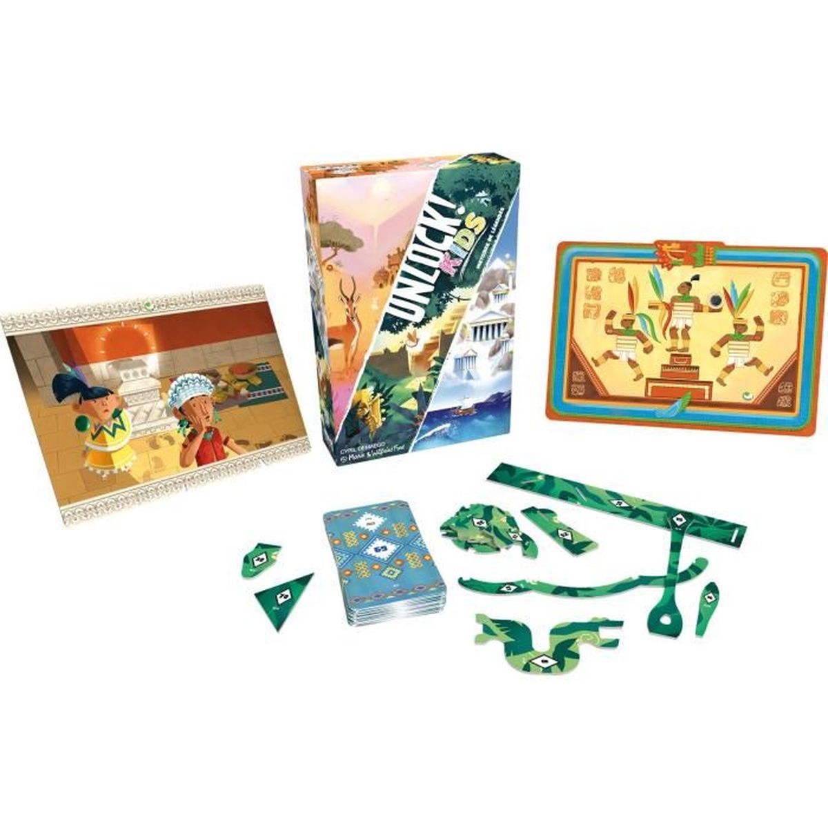Ein Brettspiel-Set mit Karten, Spielsteinen und einer Box. Auf der Box steht 'Unlock! Kids'. Es gibt Illustrationen von Personen und Szenen.