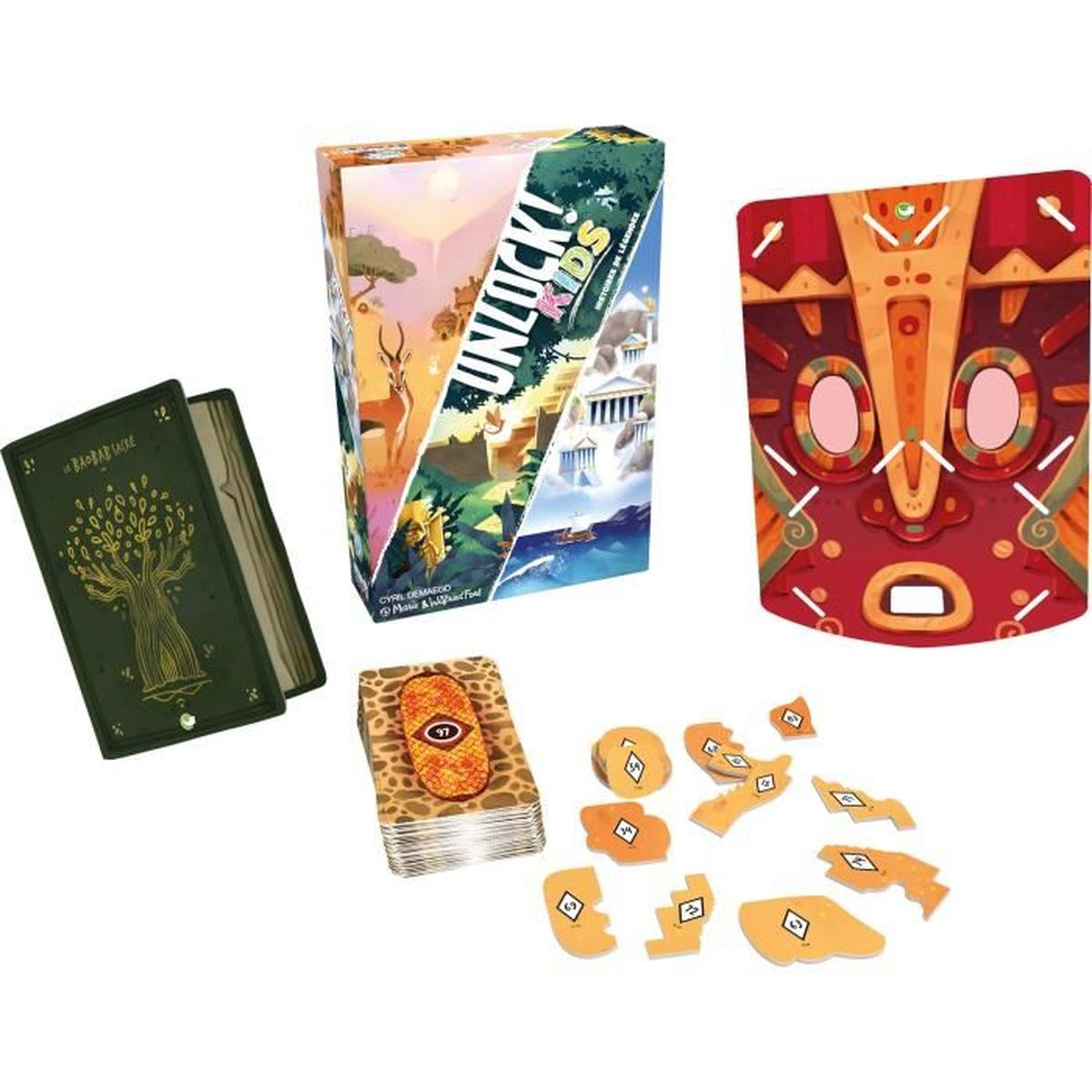 Ein Spiel mit Karten, Puzzleteilen und einer Schachtel. Auf der Schachtel steht Unlock! Kids. Karten und eine Maske sind ebenfalls zu sehen.
