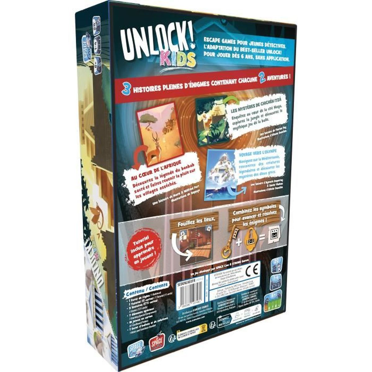 Schachtel des Spiels Unlock! Kids. Es zeigt Illustrationen von afrikanischen Landschaften, Pyramiden und einem Schlüssel.