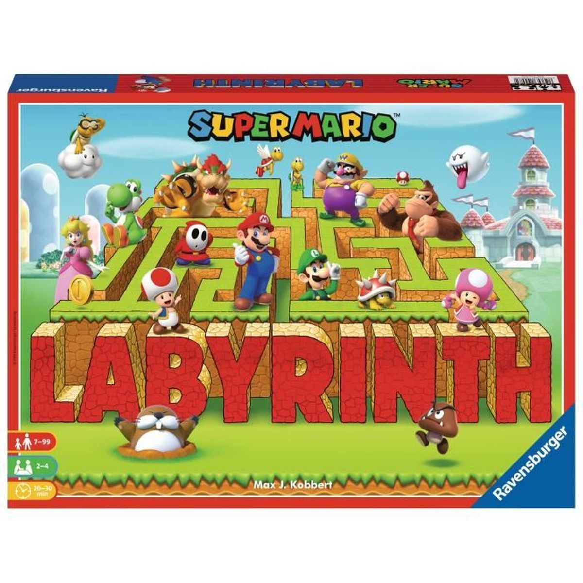 Pudełko gry planszowej Super Mario Labyrinth. Mario, Luigi i inne postacie poruszają się po labiryncie. W tle widać błękitne niebo i zamek.