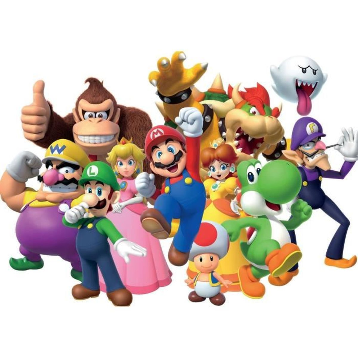 Grupa postaci z Mario, w tym Mario, Luigi, Peach, Bowser, Yoshi i inni, pozujących razem.