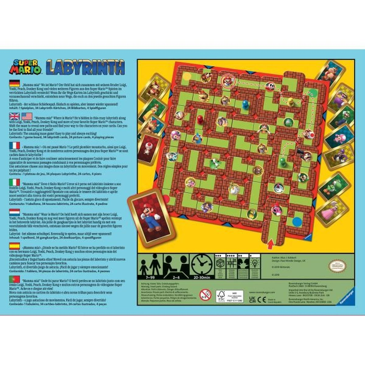 Pudełko z grą przedstawia planszę do gry Super Mario Labyrinth z postaciami i kartami.