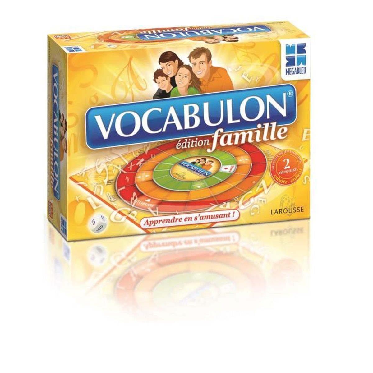 Eine Schachtel des Familienspiels Vocabulon. Sie zeigt eine Familie, ein Spielbrett und die Worte 'Vocabulon edition famille'.