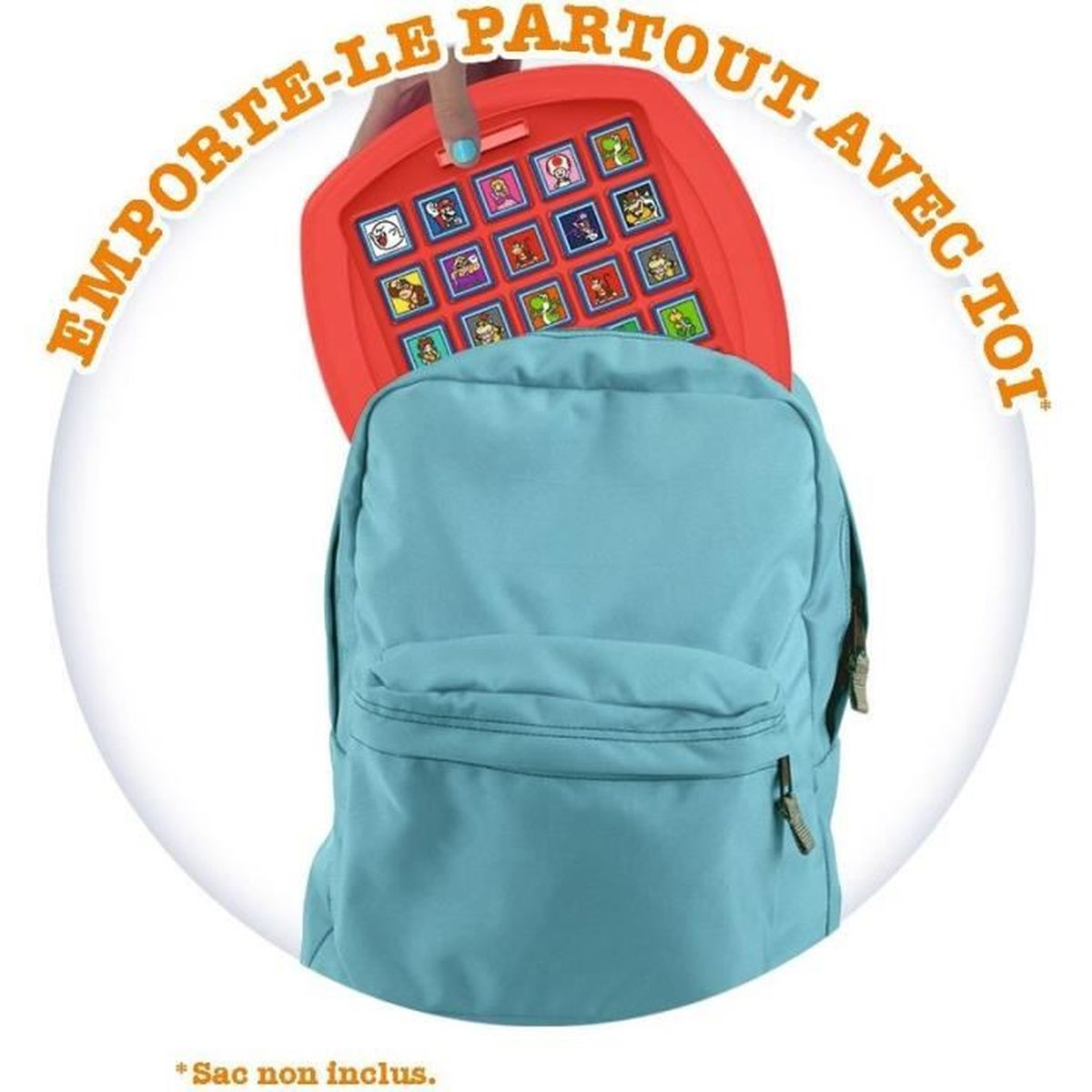 Czerwony tablet z obrazkami postaci jest trzymany nad niebieskim plecakiem. Tekst 'EMPORTE-LE PARTOUT AVEC TOI' otacza obiekty.