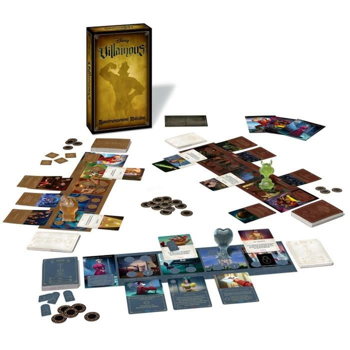 Een bordspel, Disney Villainous, wordt getoond. Kaarten, fiches en spelstukken zijn gerangschikt rond de doos, die een silhouet van een slechterik heeft.