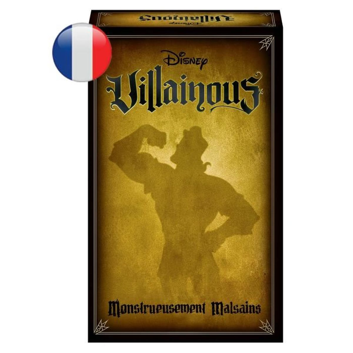 Doosontwerp voor het Disney Villainous bordspel. Toont een silhouet van een slechterik die spieren spant. Gouden achtergrond, Disney logo en Franse vlag.
