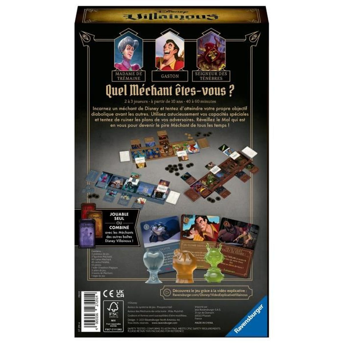 Disney Villainous bordspel doos. Personages: Tremaine, Gaston en de Hoornde Koning. Spelcomponenten zijn zichtbaar.