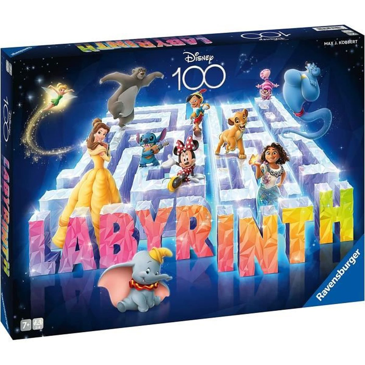 Pudełko gry Disney Labyrinth. Postacie takie jak Bella, Dumbo, Simba, Myszka Minnie i Dżin są na labiryncie. Obecne logo Disney 100.