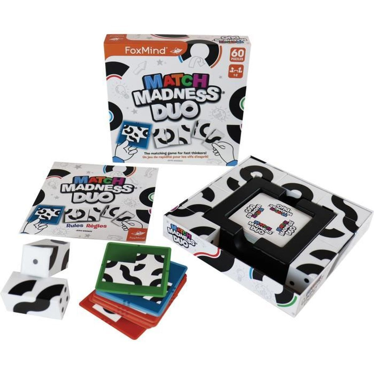 Un set di giochi Match Madness Duo con scatole, dadi e carte. Il set include una scatola di gioco, dadi e carte quadrate colorate.