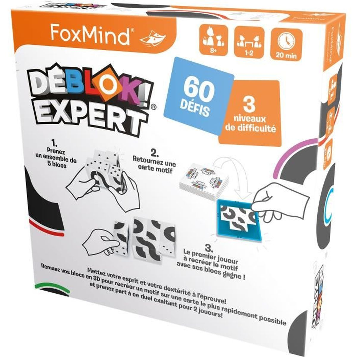 La scatola di un gioco da tavolo FoxMind, che mostra DeBlok Expert. Ha istruzioni e diagrammi, con fascia d'età 8+.