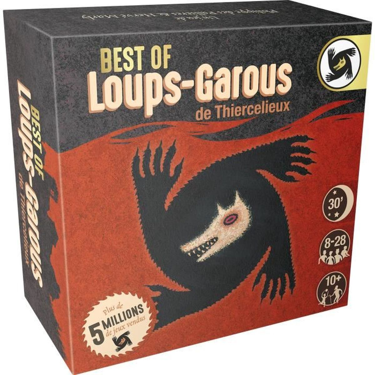 Illustrazione della scatola del gioco "Best of Loups-Garous". Presenta un lupo mannaro nero su rosso, con testo in bianco e beige.