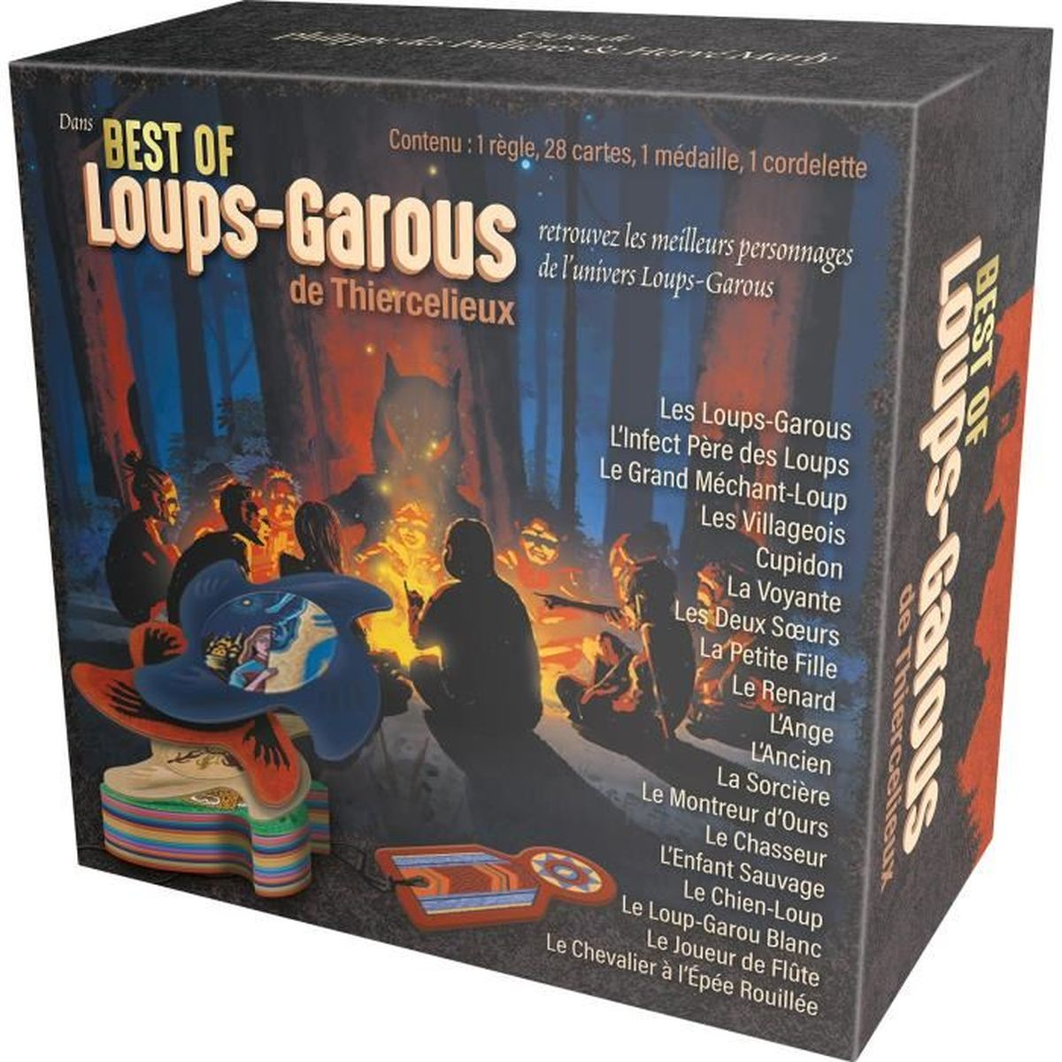 La scatola di un gioco da tavolo, "Best of Loups-Garous". Mostra una scena di falò con personaggi e componenti di gioco in primo piano.