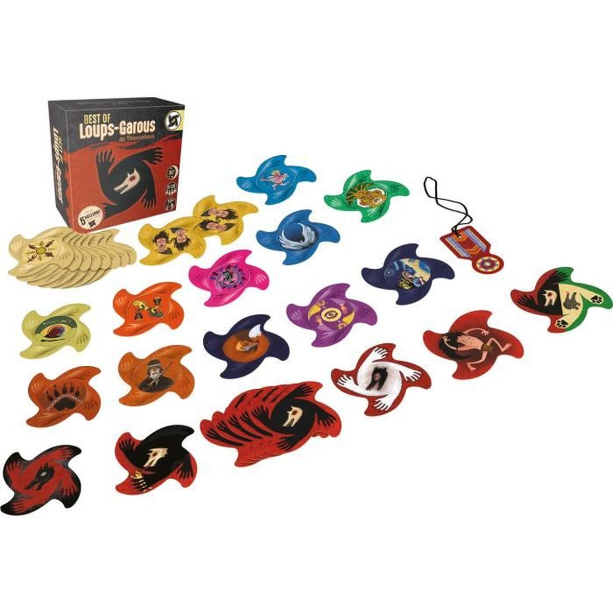 Un set di giochi da tavolo con vari gettoni personaggio, una scatola e pezzi. I gettoni sono di diversi colori e forme.
