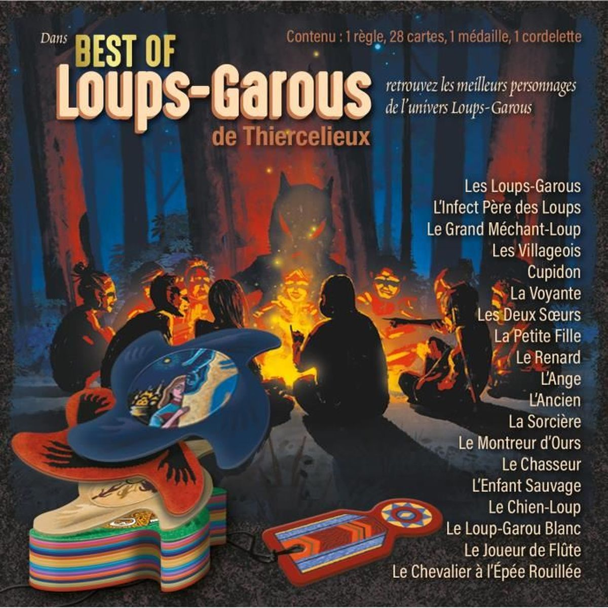 Una scatola di gioco con il titolo "Best of Loups-Garous". Personaggi seduti intorno a un falò. Sono mostrati i componenti del gioco.