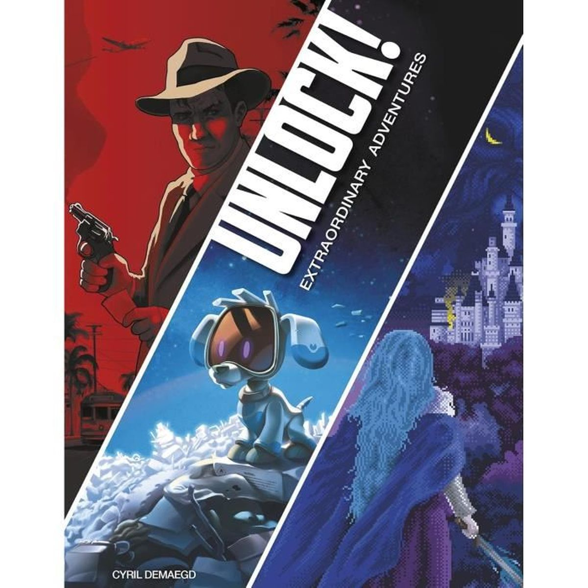Cover art for 'Unlock!'. A man with a gun, a robot dog, and a woman with a sword are featured, alongside a castle.