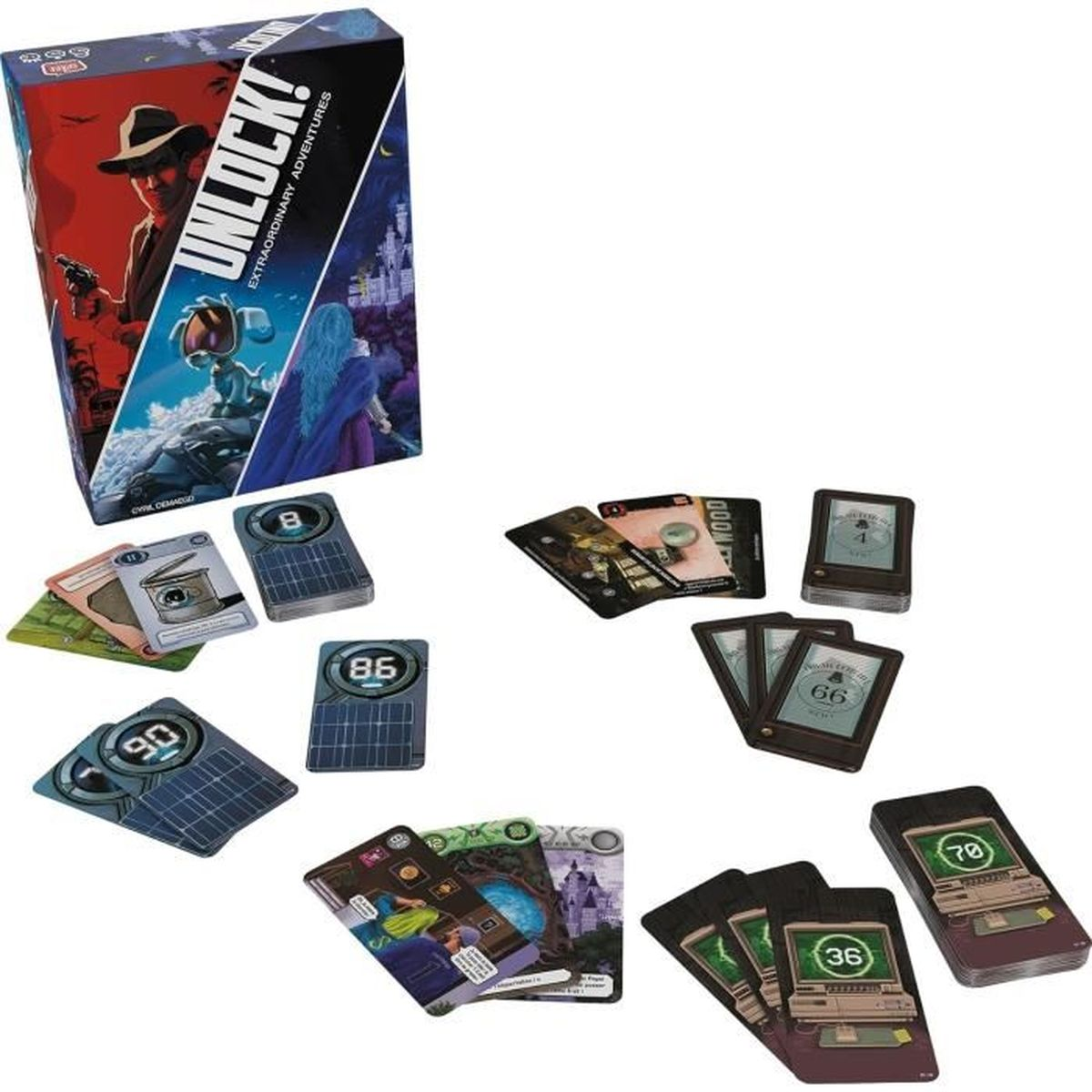 A board game box, "Unlock!", with cards scattered around. Cards have numbers and images. The box shows people and a castle.