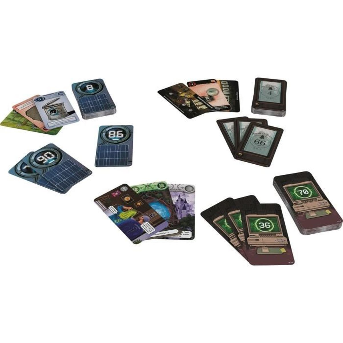 Cards with numbers and images are scattered on a white surface. Some cards are in stacks, others are spread out.