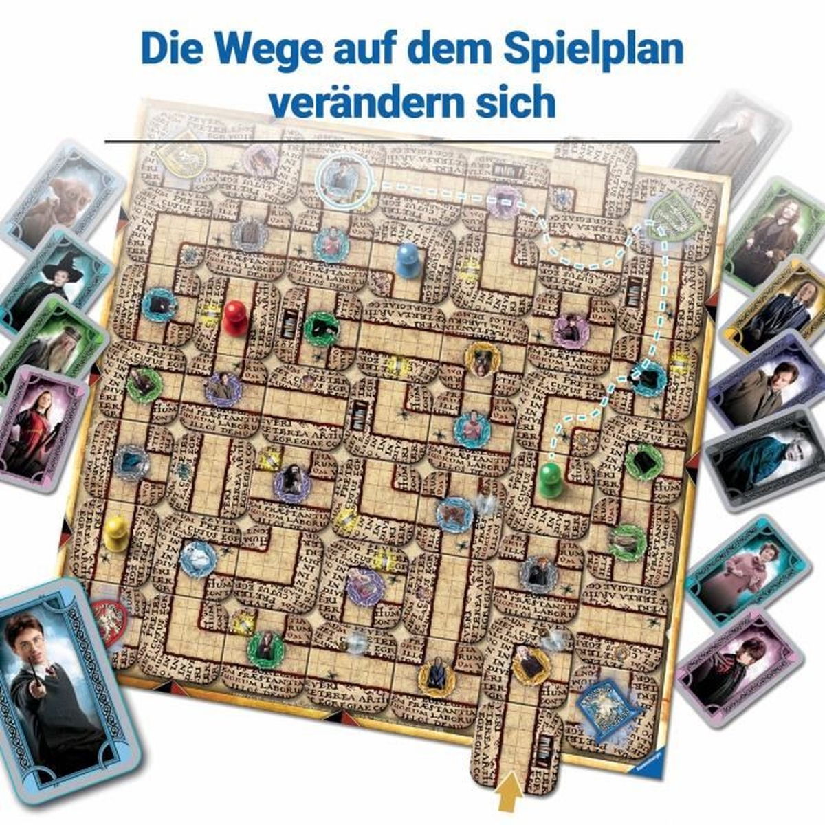 Ein Brettspiel mit Labyrinth-Design, Spielfiguren und Karten mit Charakteren aus einer Fantasy-Serie.