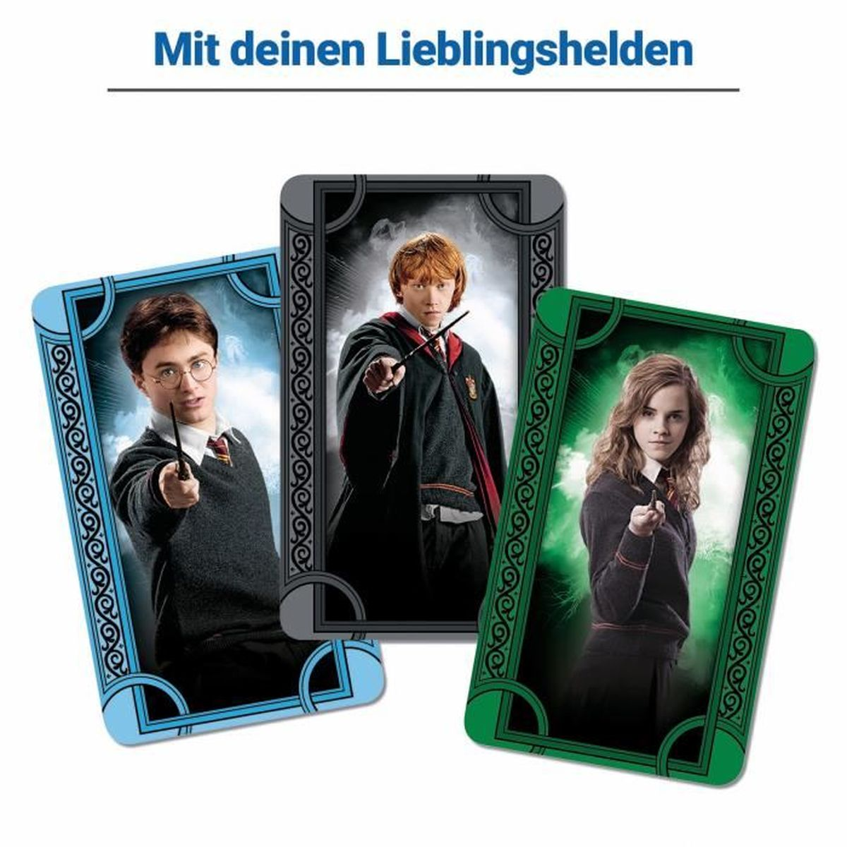 Drei Harry-Potter-Karten. Harry, Ron und Hermine sind auf den Karten, jede mit einem Zauberstab. Die Karten haben dekorative Ränder.