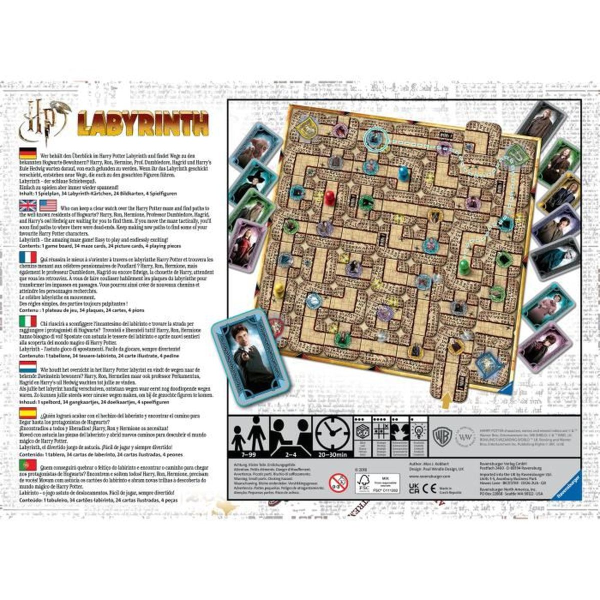 Brettspielbox, Harry Potter Labyrinth. Brettspiel, Karten und Charakterbilder sind sichtbar.