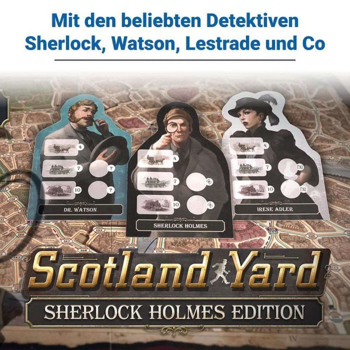 Wyświetlana jest gra planszowa zatytułowana „Scotland Yard Sherlock Holmes Edition”. Widoczne są karty postaci dla dr Watsona, Sherlocka Holmesa i Irene Adler.