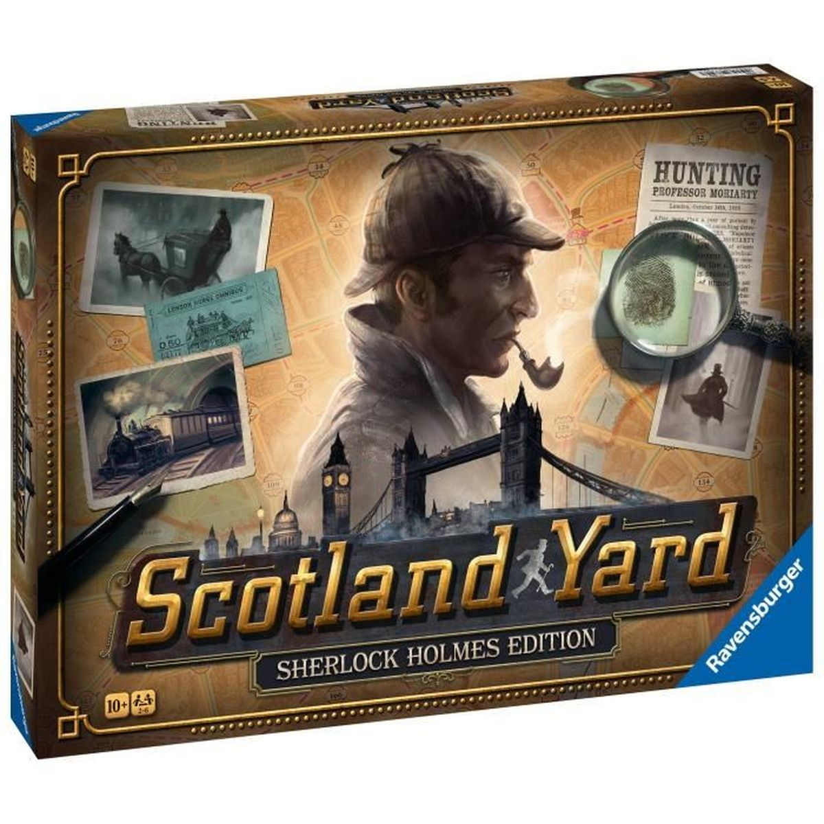 Pudełko gry planszowej Scotland Yard. Przedstawiony Sherlock Holmes, z londyńskimi zabytkami i wskazówkami. Tekst zawiera nazwę gry i wiek.