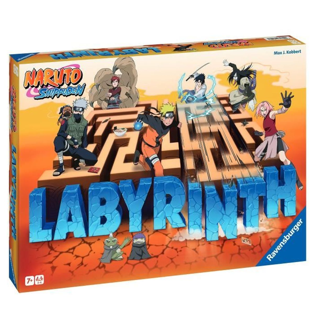 Pudełko gry planszowej Naruto Shippuden Labyrinth. Postacie w akcji na labiryncie. Tytuł 'LABYRINTH' w kolorze niebieskim, postacie wokół.