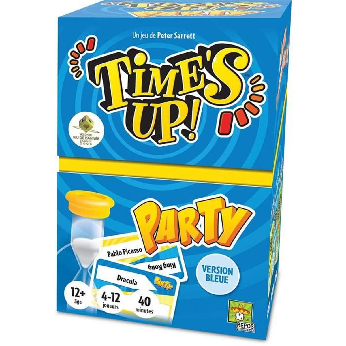 Een blauwe doos van Time's Up! Party. Het bevat een zandloper, kaarten met namen en speld details.