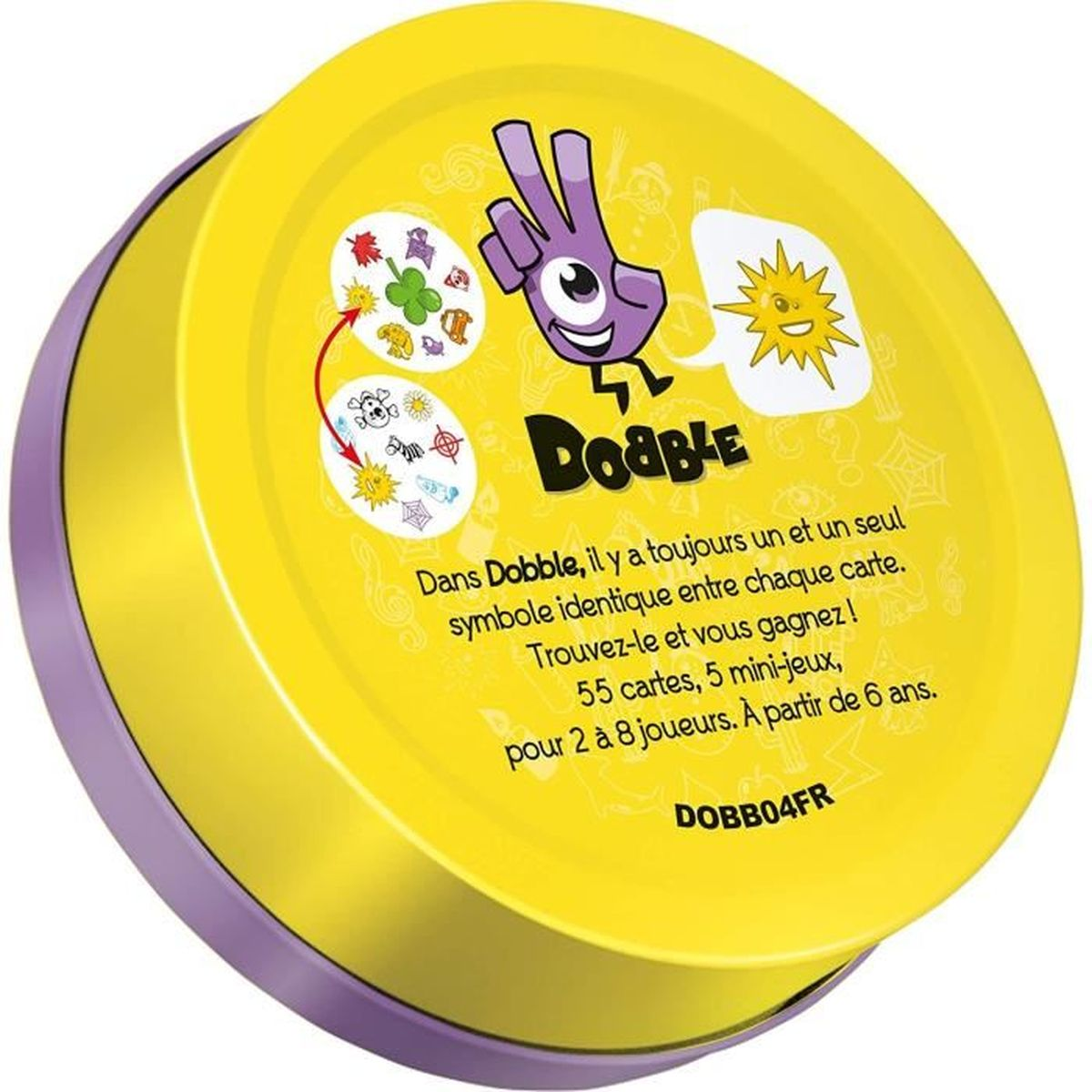 Gelbe Dobble-Spielbox mit lila Rand. Enthält Logo, französischen Text und 55 Karten für 2-8 Spieler.