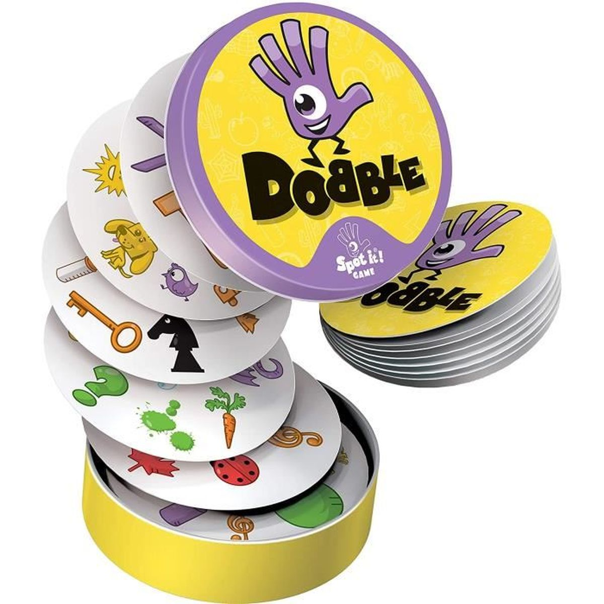 Ein 'Dobble'-Spielset mit runden Karten und einem gelben Behälter. Karten haben verschiedene Symbole, der Deckel zeigt eine Hand mit einem Auge.