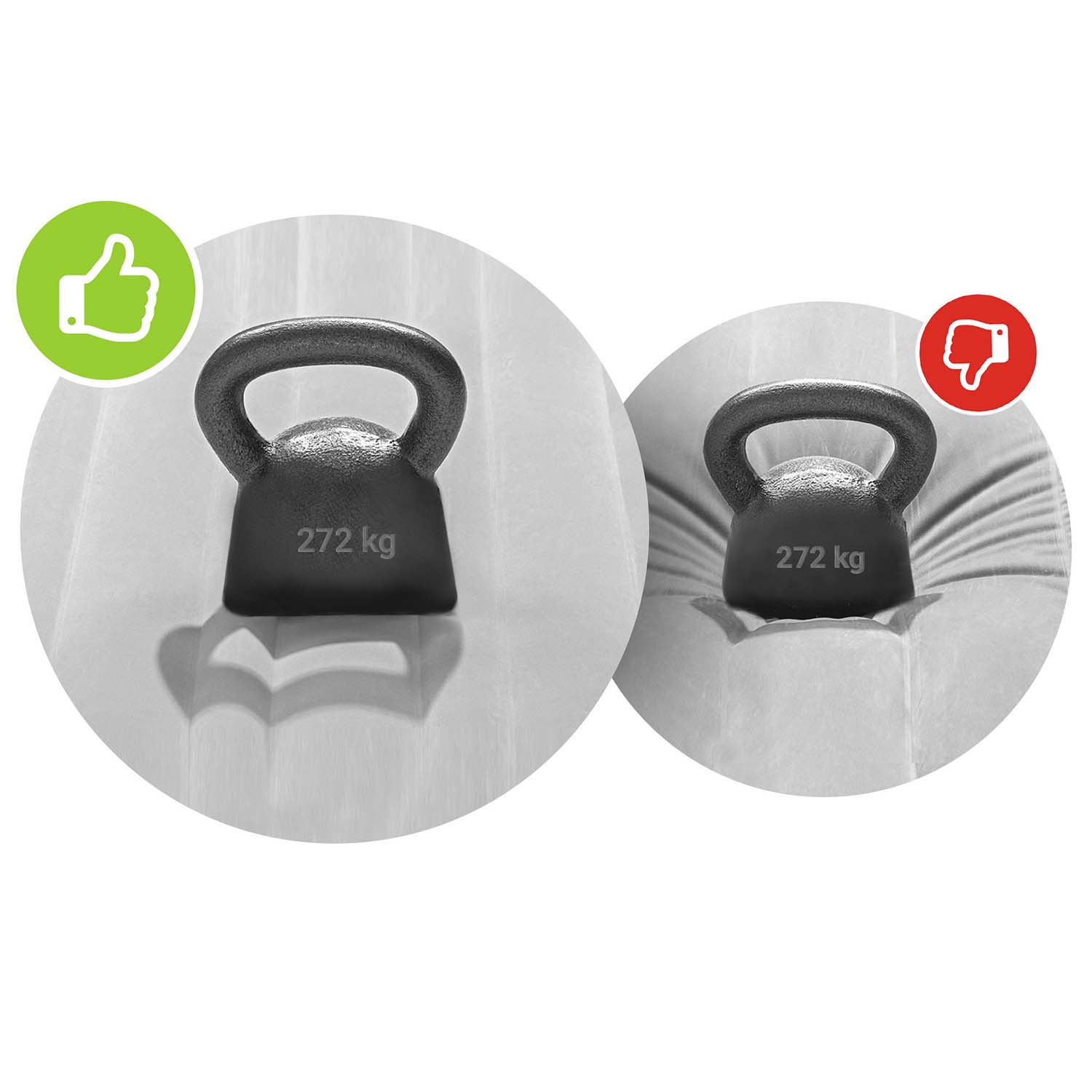 Dwie kettlebells, każda po 272 kg, na jasnej powierzchni. Jedna ma ikonę kciuka w górę, druga w dół, obie w okręgach.
