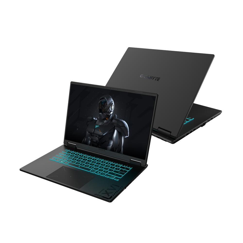 Dos portátiles Gigabyte negros. Uno abierto, mostrando una pantalla con diseño futurista y teclado azul. El otro cerrado.