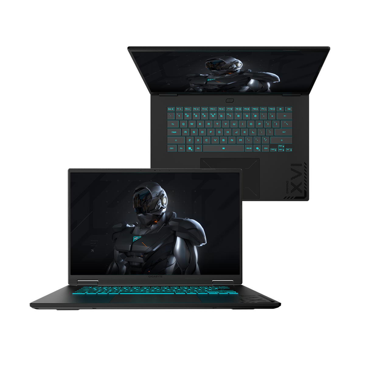 Dos portátiles negros con teclados color turquesa están abiertos. Las pantallas muestran un robot futurista. El logotipo de Gigabyte es visible.