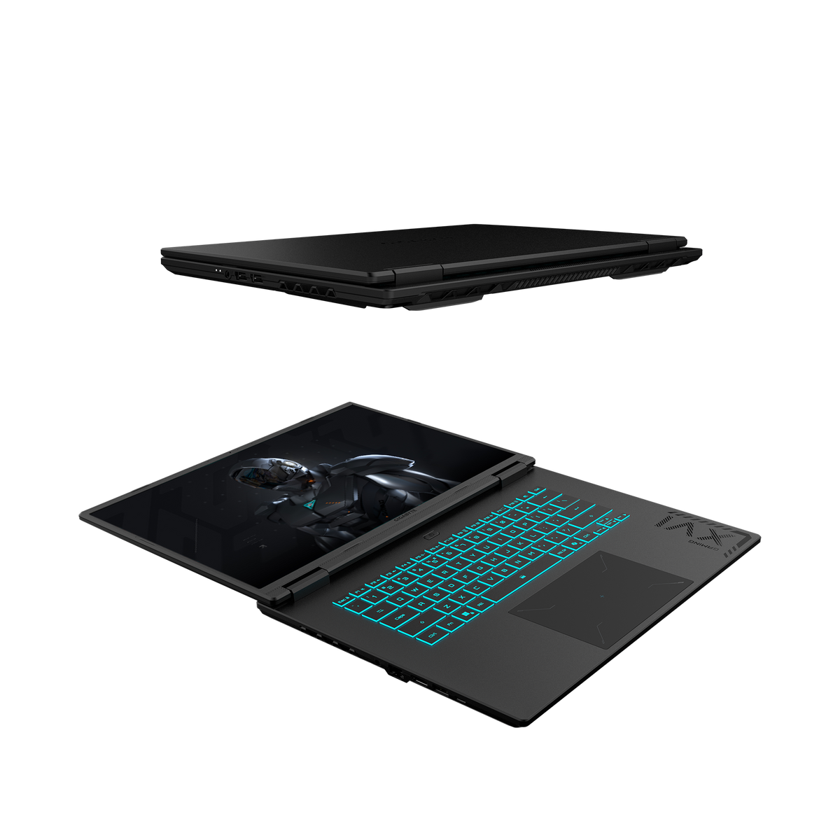 Laptop negro, abierto y cerrado. Laptop abierto muestra teclado con luces azules e imagen de ciencia ficción.