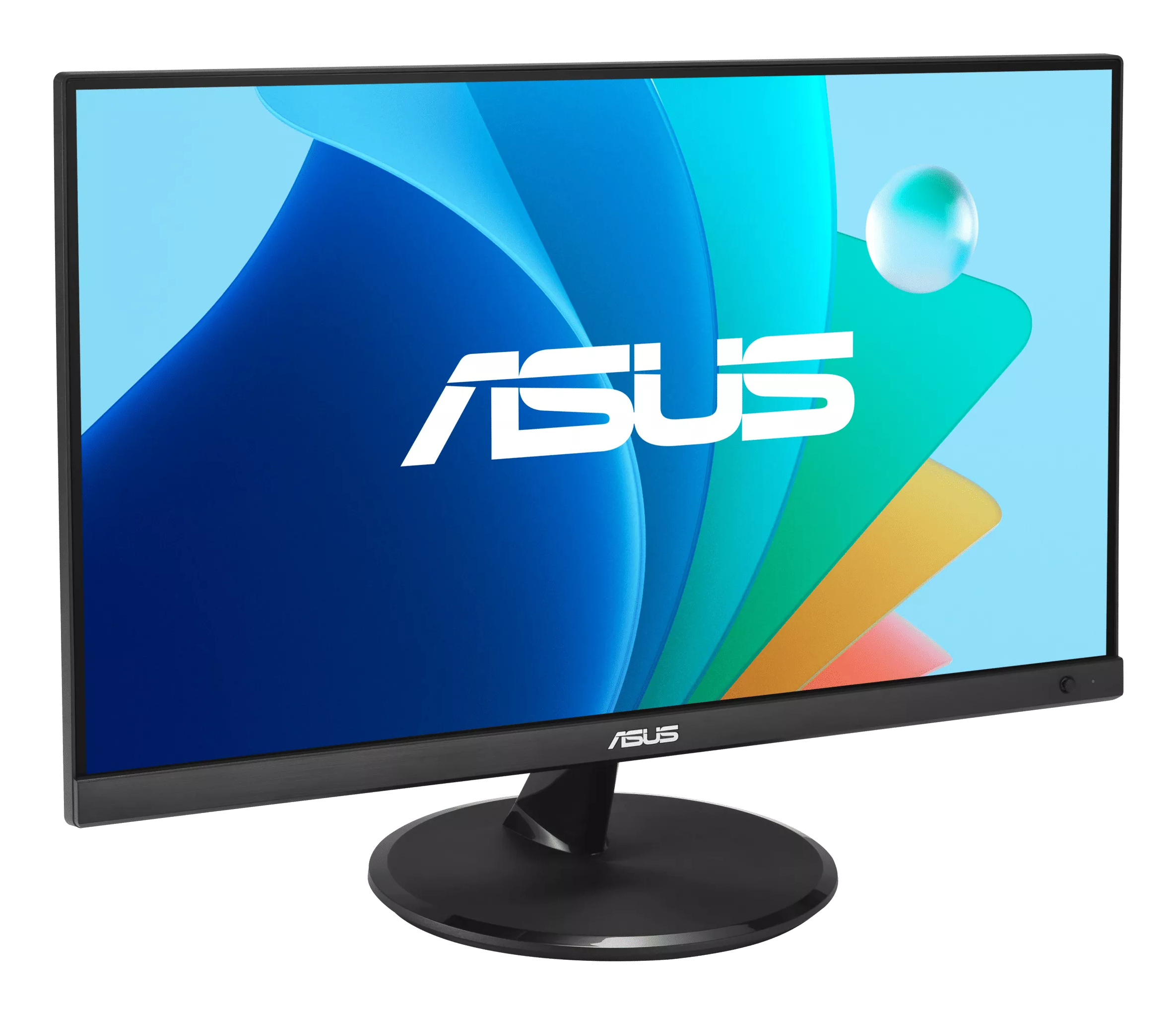 Monitor ASUS wyświetla kolorowy obraz abstrakcyjny. Monitor ma czarną ramkę i podstawę.