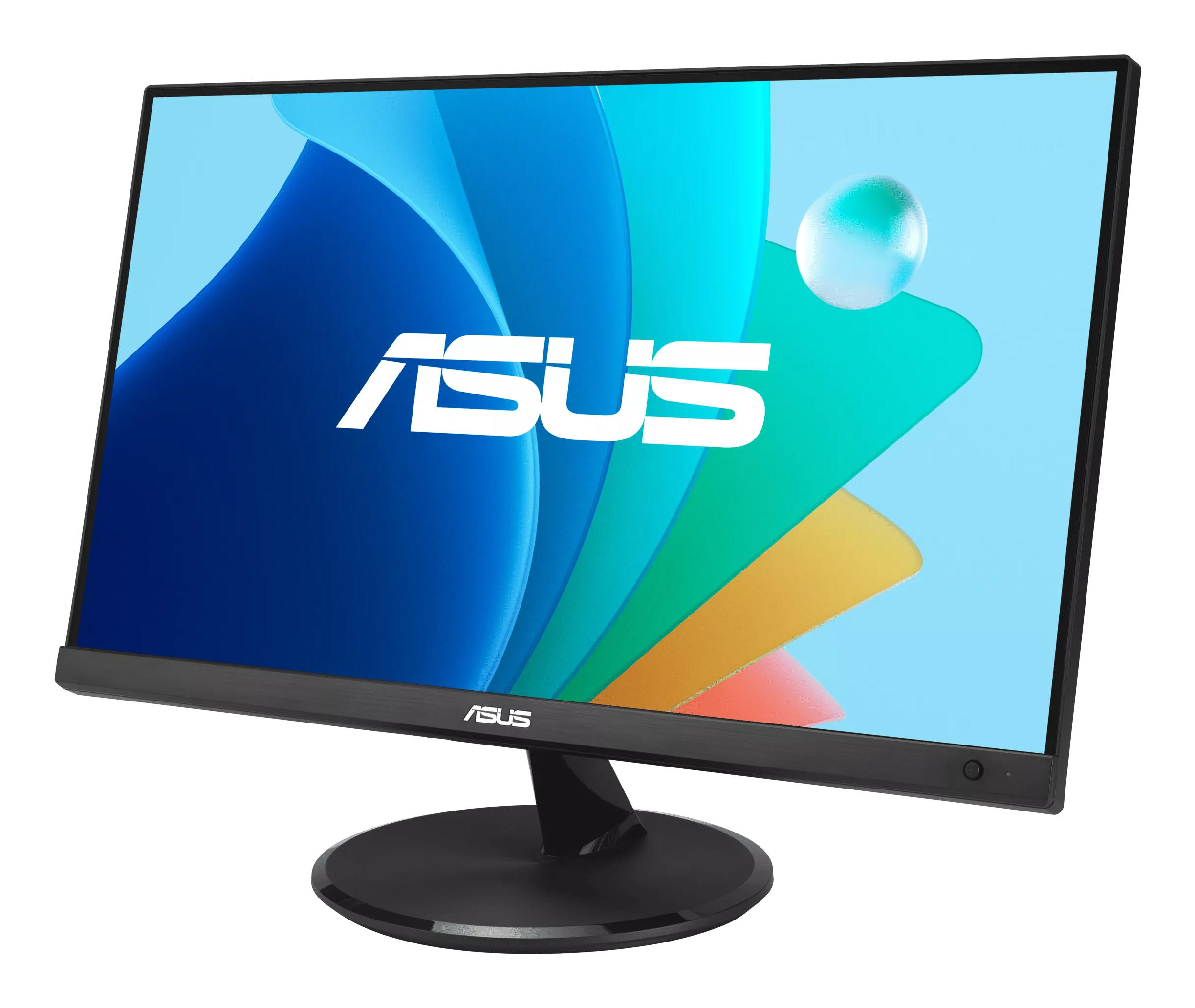 Monitor ASUS, czarna ramka, na czarnej podstawie. Ekran wyświetla logo ASUS i kolorowe, abstrakcyjne kształty.