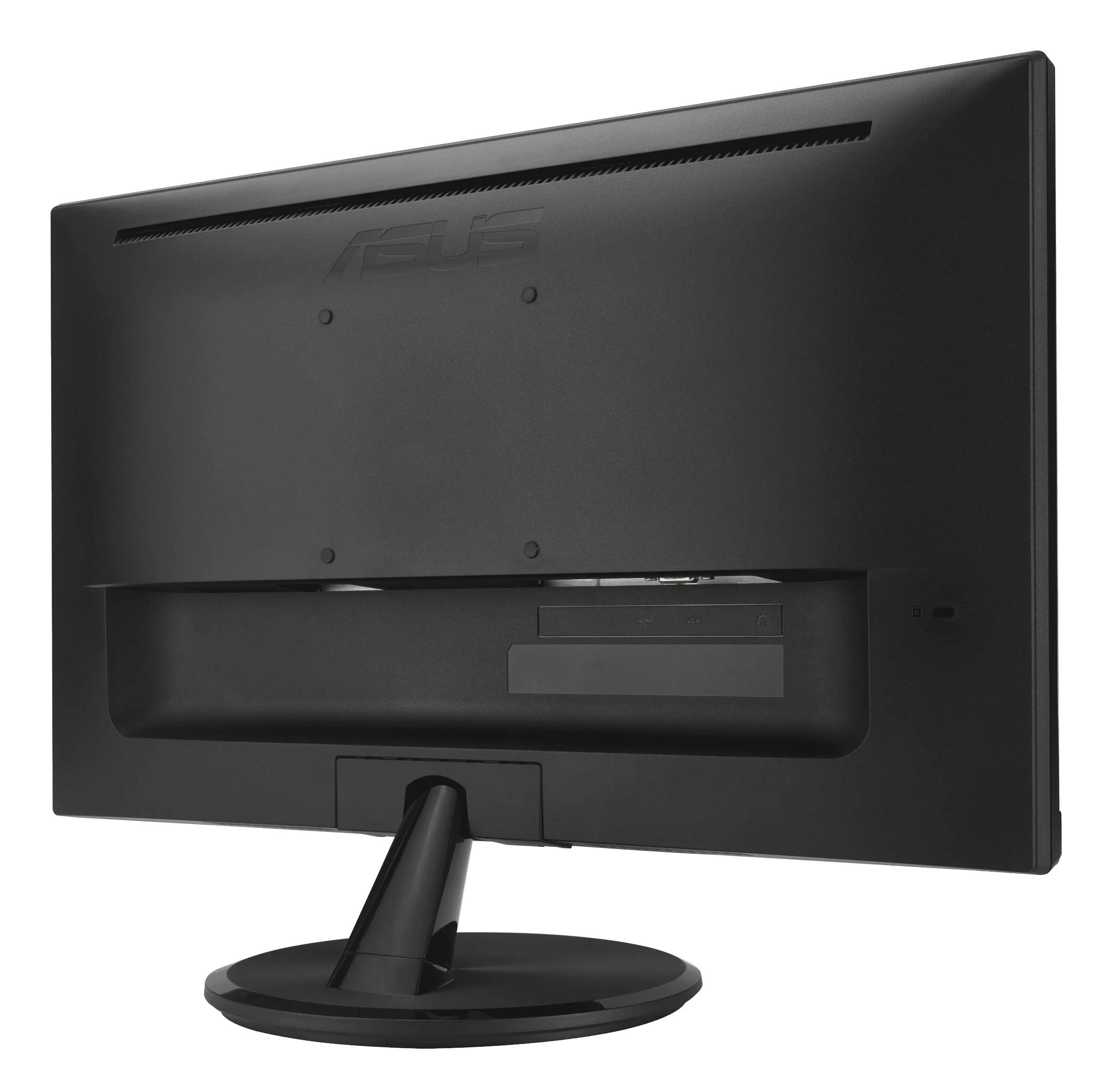 Widok z tyłu czarnego monitora ASUS. Posiada podstawę, porty HDMI i VGA oraz logo ASUS.