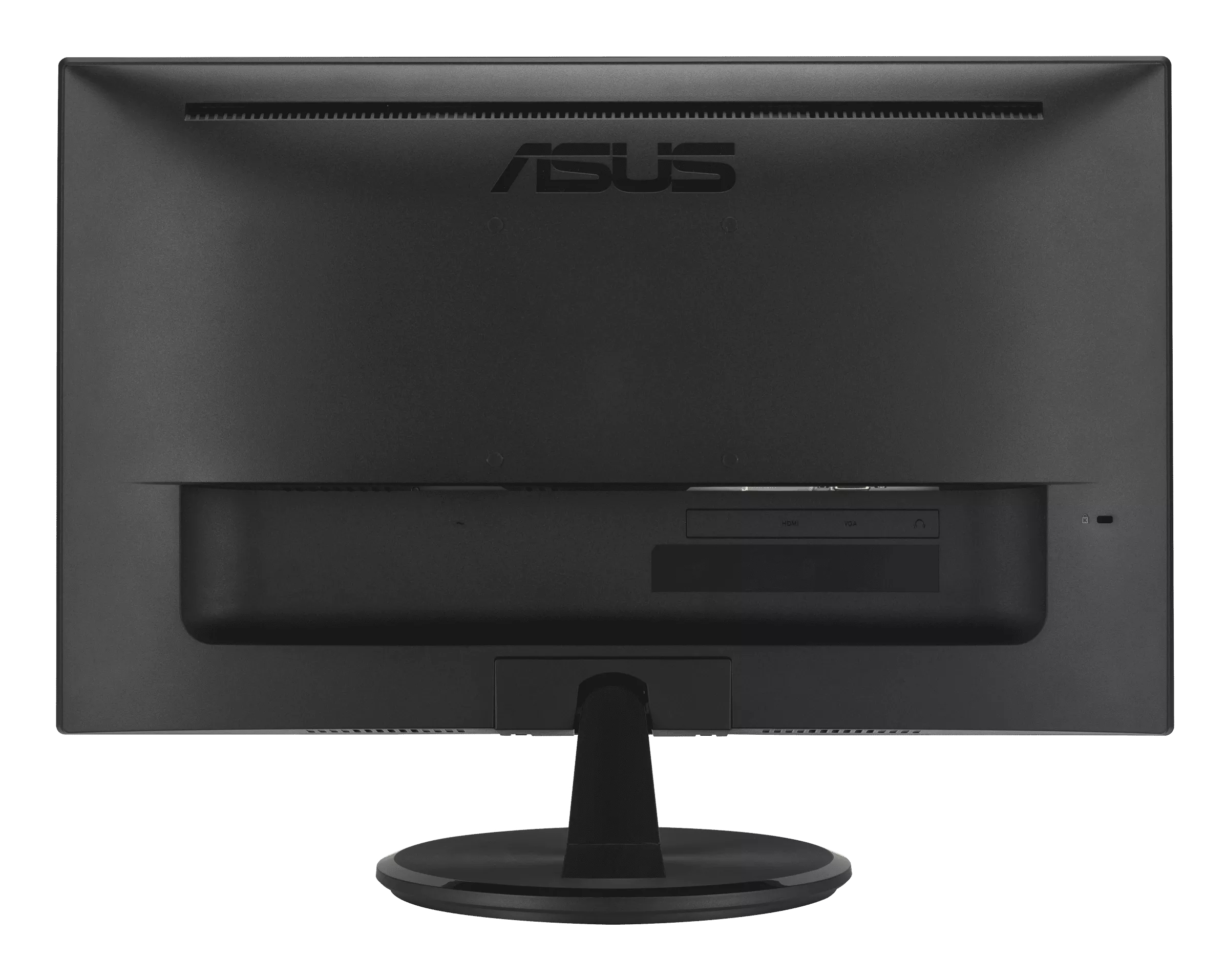 Widok z tyłu czarnego monitora ASUS. Monitor ma podstawkę i porty HDMI, VGA i audio.