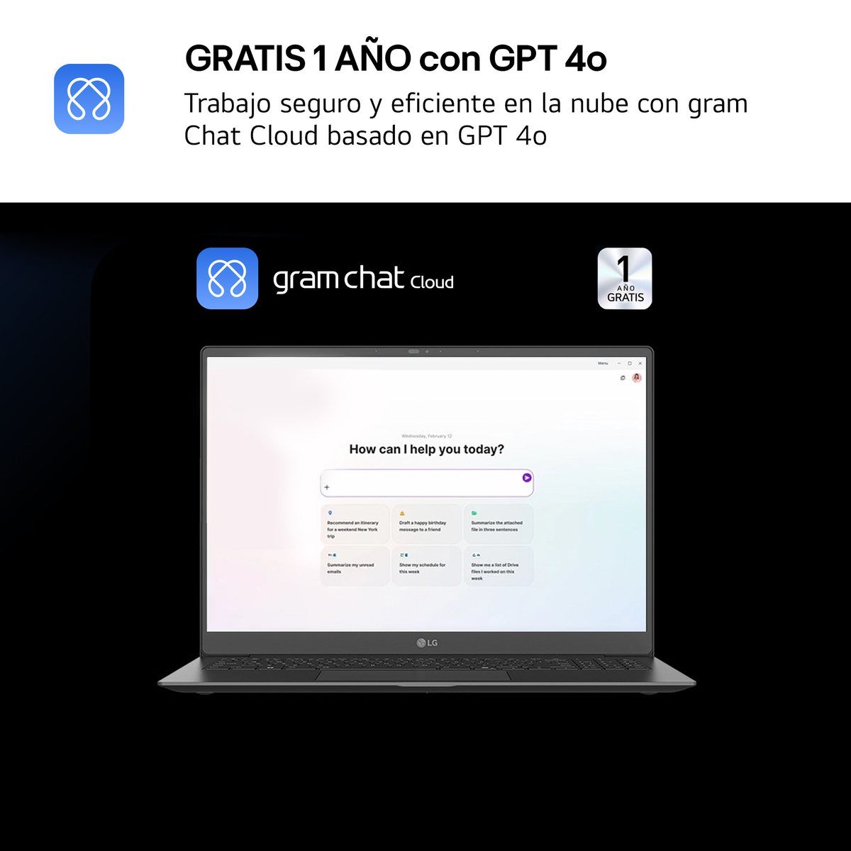 Pantalla de portátil mostrando una interfaz de chat, con texto 'How can I help you today?' y sugerencias.