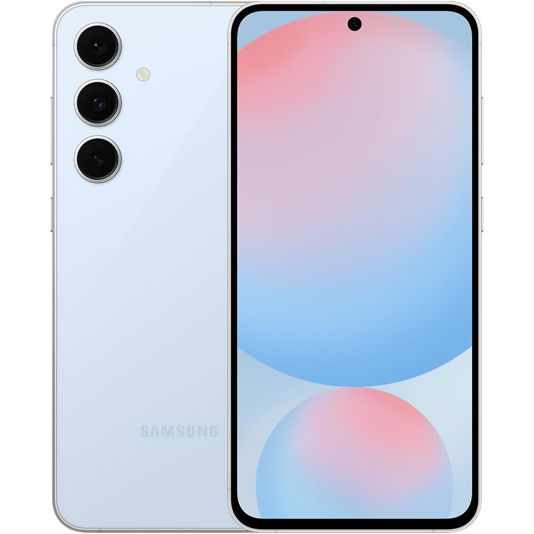 Açık mavi bir Samsung akıllı telefon, ön ve arka tarafı gösteriyor. Ekran, arkada üç kamerayla bir gradyan görüntülüyor.