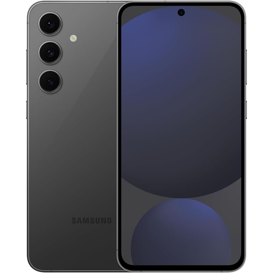 Üç arka kamerası ve koyu mavi degrade gösteren bir ekranı olan gri bir Samsung akıllı telefon.