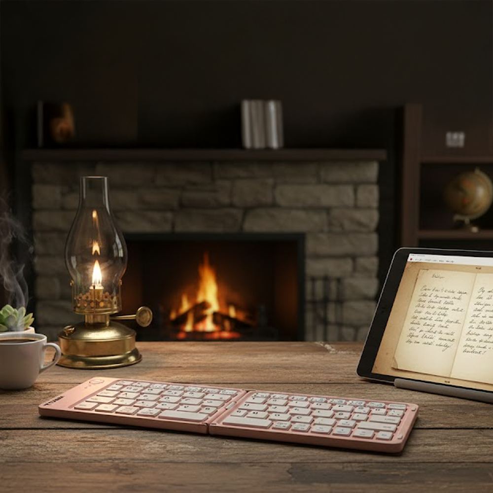Yanan bir lamba, katlanabilir bir klavye, tablet ve bir fincan kahve ile bir masa sahnesi. Arka planda bir şömine parlıyor.