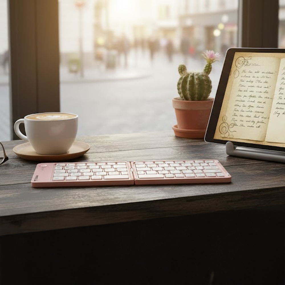 Klavye, kahve ve tablet bulunan bir masa. Ayrıca bir saksıda kaktüs var. Arka planda bulanık bir şehir manzarası görülüyor.