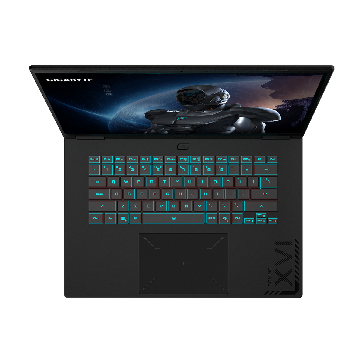 Vista superior de un portátil negro con teclado azul iluminado. La pantalla muestra una escena futurista. El portátil está abierto.