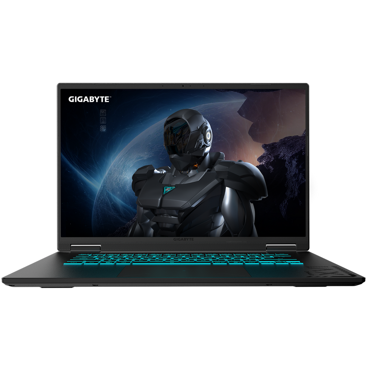 Una laptop GIGABYTE negra está abierta. La pantalla muestra una figura futurista blindada. El teclado tiene retroiluminación turquesa.