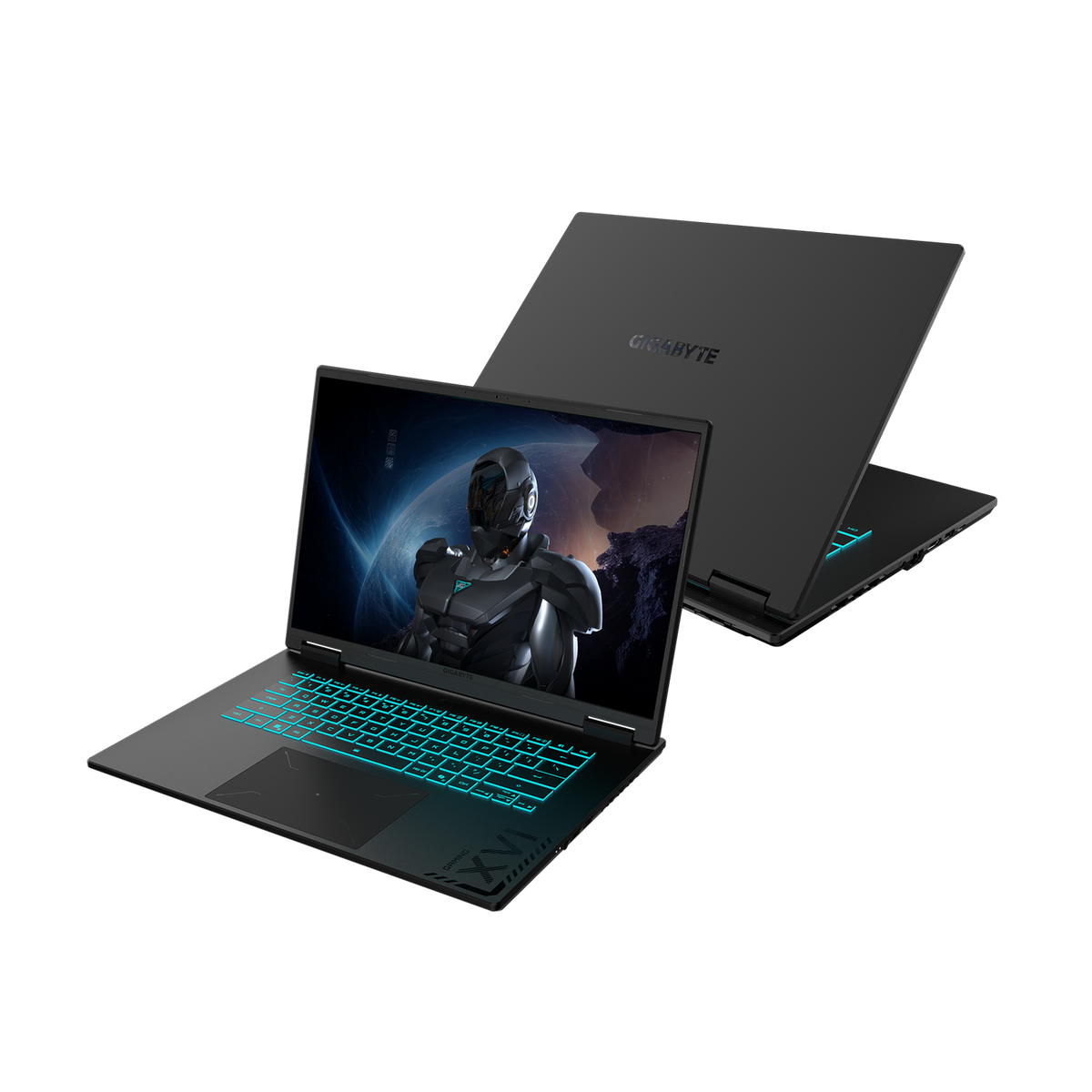 Dos portátiles negros. Uno abierto, mostrando una figura futurista en pantalla con teclado azul iluminado. El otro portátil está cerrado.