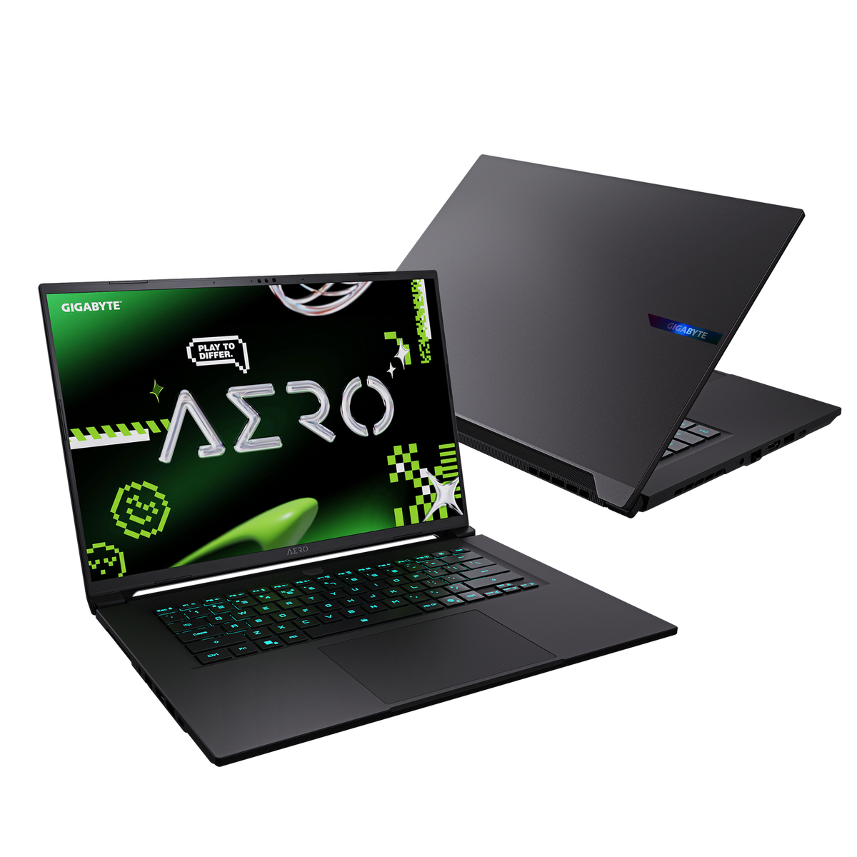 Dos portátiles negros. Uno abierto muestra una pantalla verde Aero, el otro, cerrado, tiene el logotipo de Gigabyte. Fondo negro.